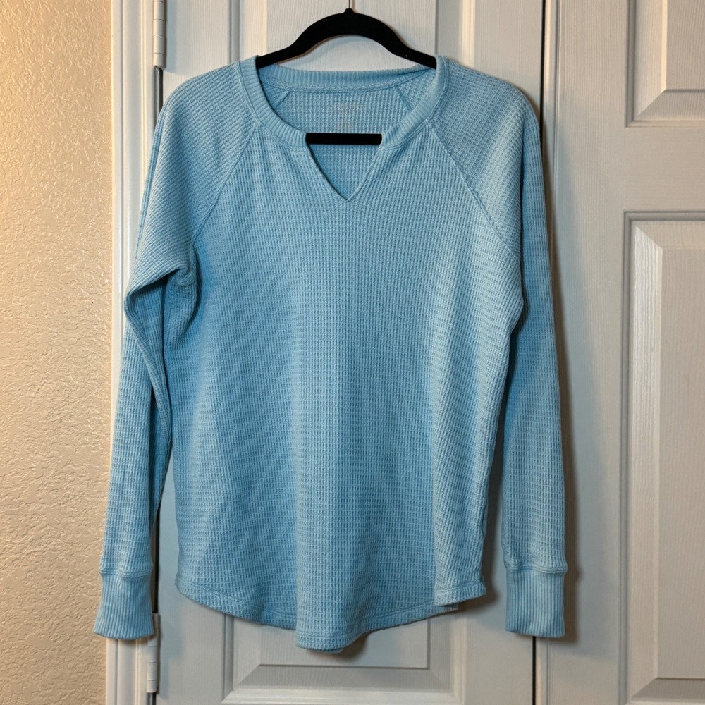 Oversized American Eagle Outfitters Women's Blue Thermal Waffle Knit Crew Top M